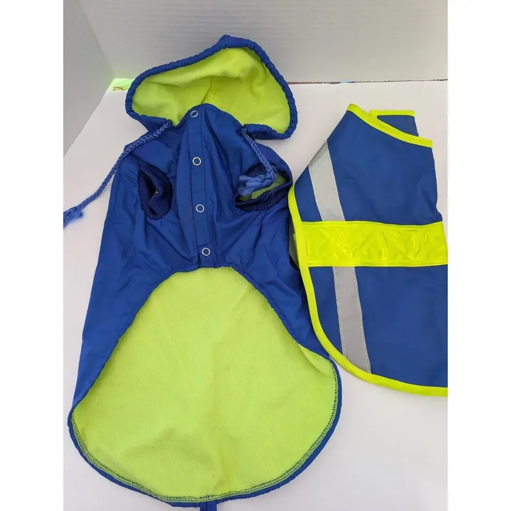 Two-Piece Blue Dog Coat Set Hooded Fleece Lined Jacket and Reflective Vest Small